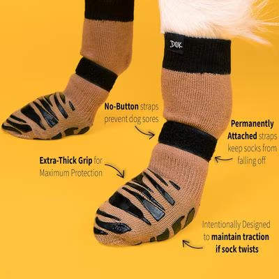 Close-up of dog traction socks showing wraparound grip and attached straps