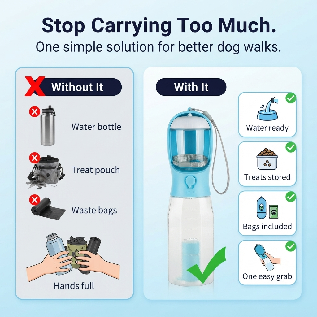 <strong>Water, Treats & Waste Bags—All in One Bottle</strong>