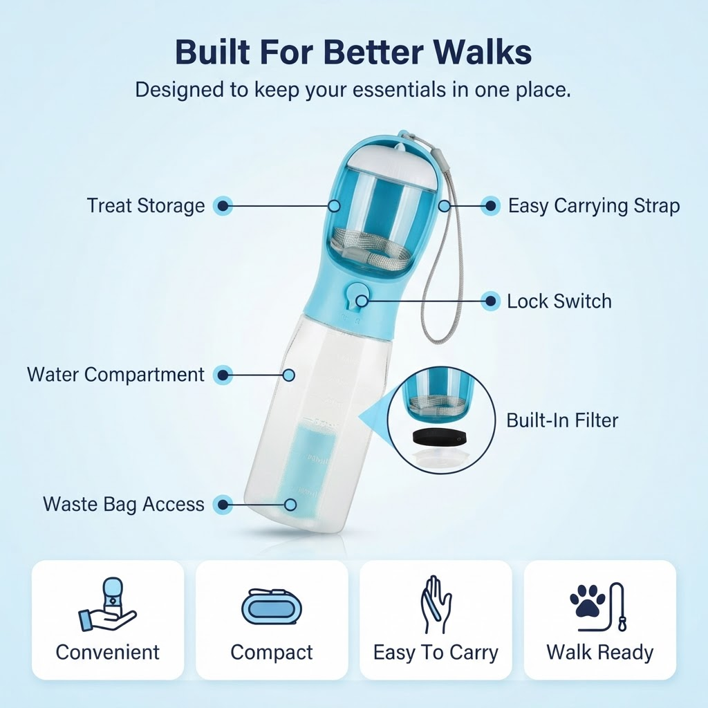 <strong>Water, Treats & Waste Bags—All in One Bottle</strong>