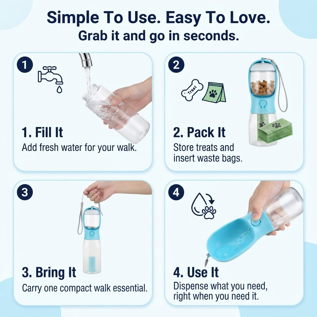 <strong>Water, Treats & Waste Bags—All in One Bottle</strong>